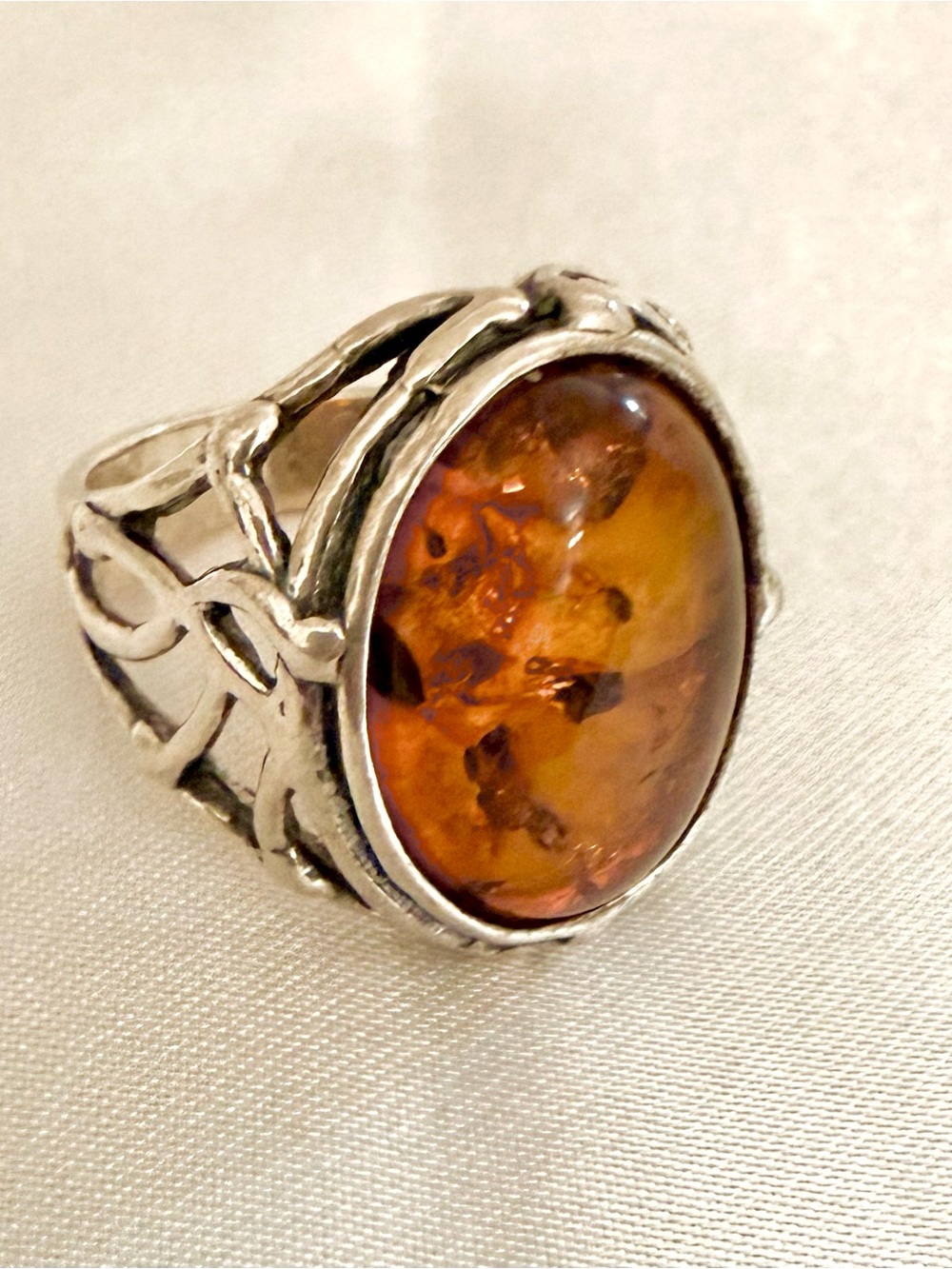 Shablool Sterling Silver 925 Genuine Amber Statement Ring Israel Size 7.5